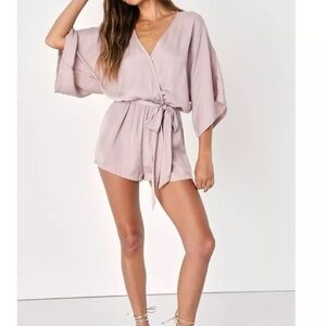 Lulus Ain't It Grand Mauve Satin Surplice Romper Faux Wrap, Lavender - Size S